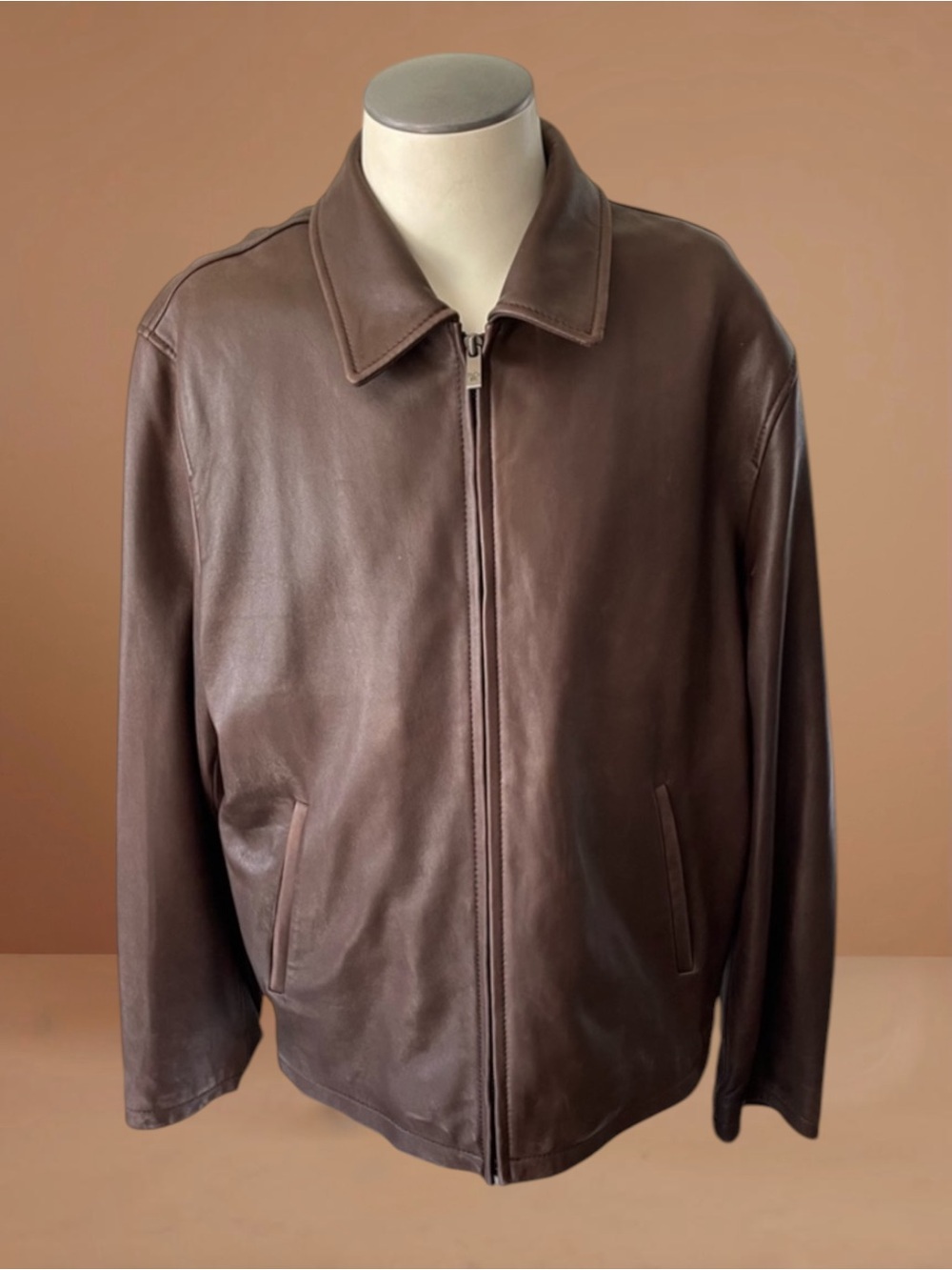 Reilly Olmes Men's Brown Long Sleeve Collared Full Zip Leather Jacket Si…